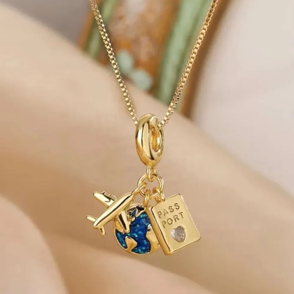 14K Gold Plated Travel Lovers Pendant Necklace Airplane Passport World Charms